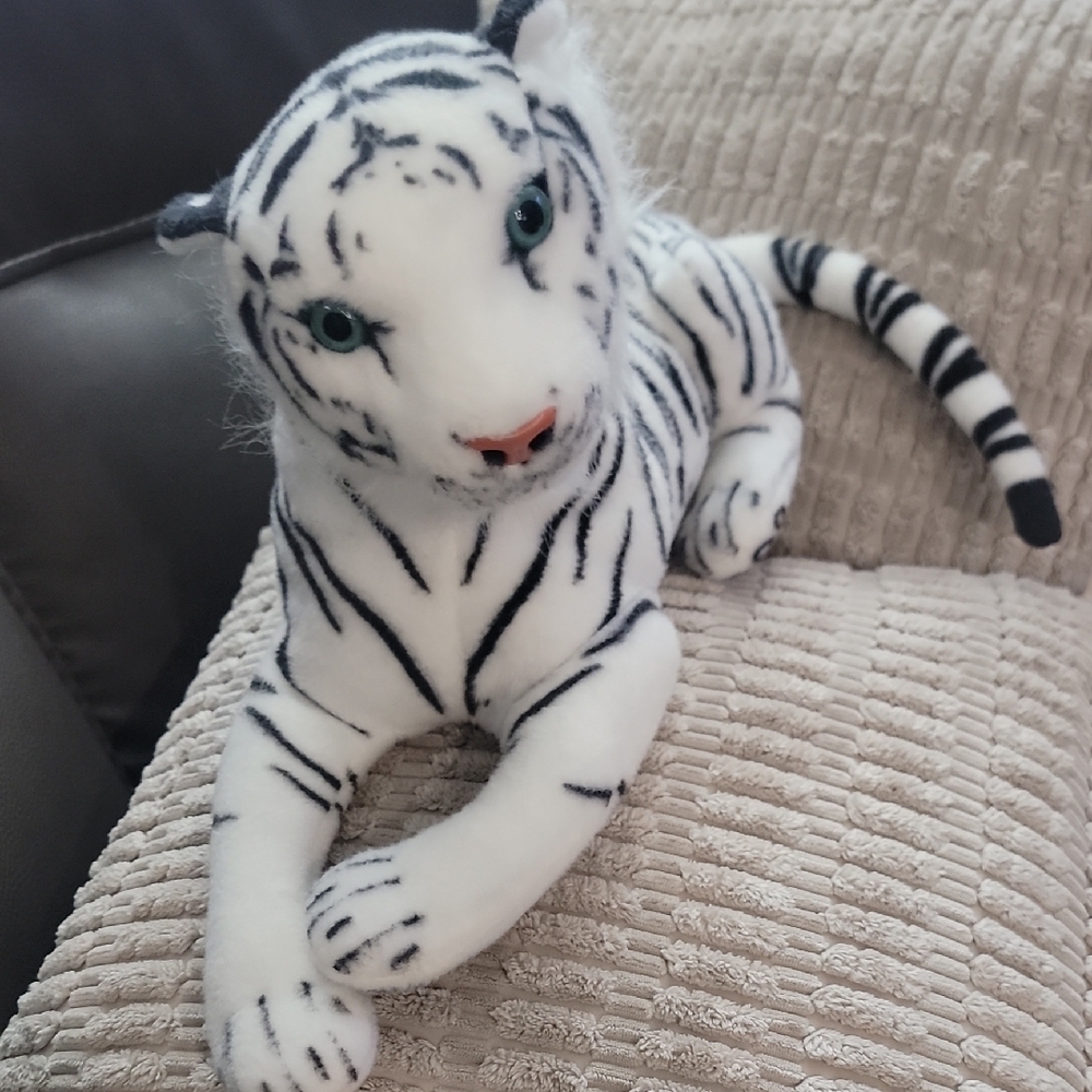 Plush White Tiger Cat Toy - Soft Black-Striped Stuffed Animal
